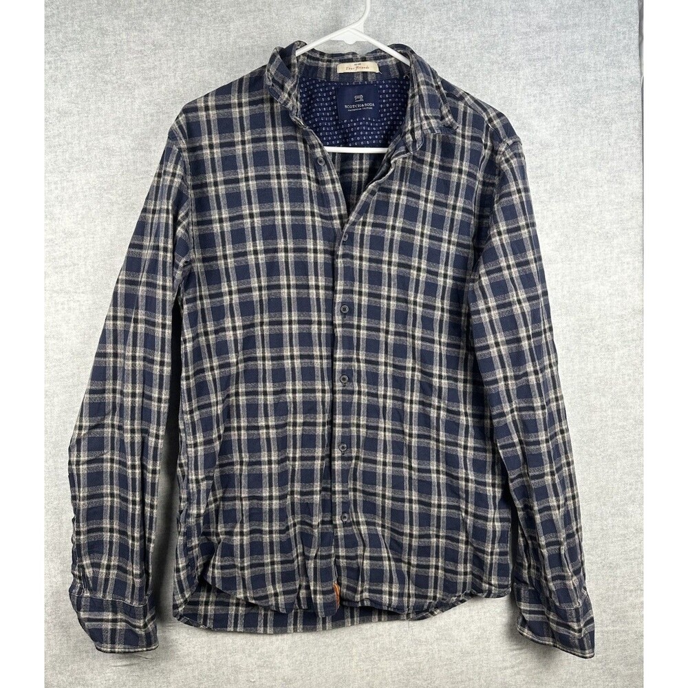 Scotch & Soda Shirt Men's Large Blue Plaid Cotton Linen Button Up Long Sleeve